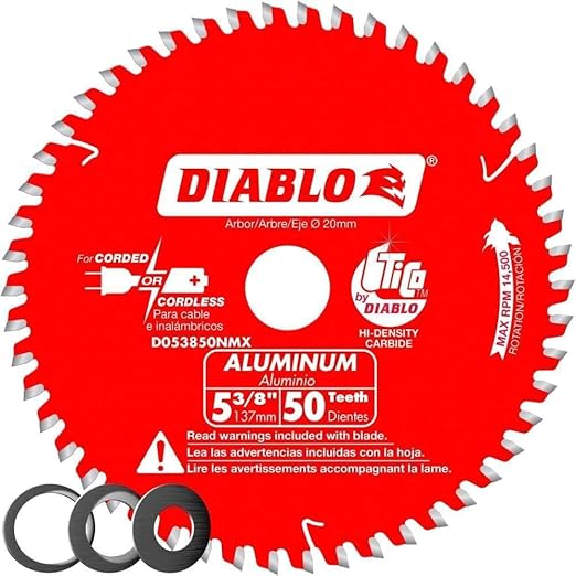 Diablo Saw Blade for Medium Aluminum - 5-3/8" Diameter, 50 TCG Teeth, 20mm Arbor, .061" Kerf, -5° Hook Angle, .039" Plate, 14500 Max RPM - D053850NMX