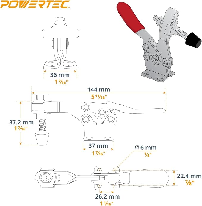 POWERTEC 12PK Toggle Clamp, 300 lbs Capacity, 201B Quick Release Horizontal Clamps w/Antislip Rubber Pressure Tip for Woodworking Jigs and Fixtures, Welding, Drill Press, Crosscut Sled (20327-P3)