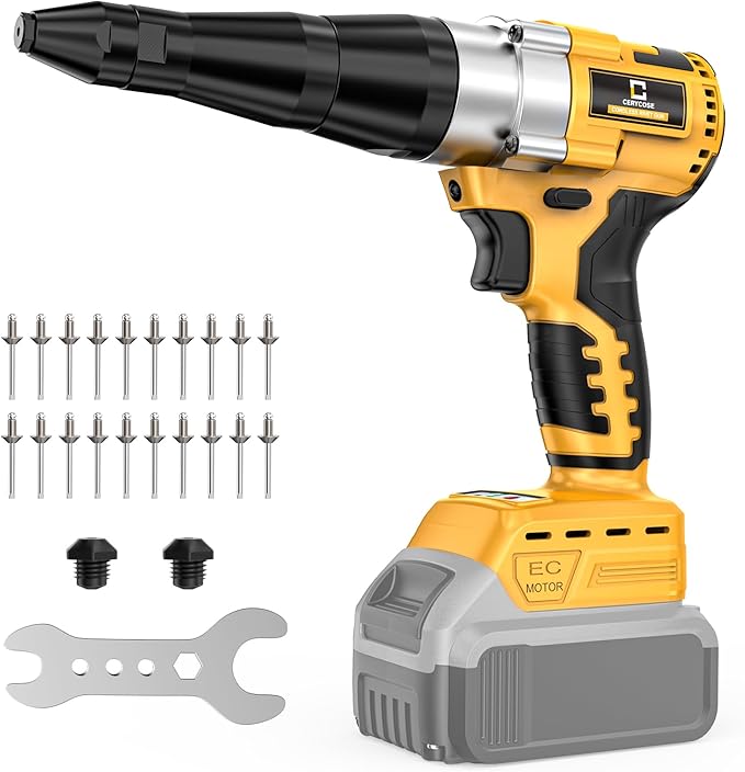 Cerycose Cordless Rivet Gun Compatible with DeWalt 20V Battery,Brushless Electric Rivet Nut Tool with 3 Sizes Steel Rivets(1/8",5/32",3/16") & Nose Pieces, Professional Riveters Gun 20V(Tool Only)