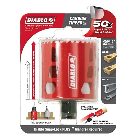 Diablo Carbide Teeth Hole Saw for Wood and Metal - Fits with Snap-Lock Plus Mandrel System, Tool-Free Plug Ejection - 2-9/16" Diameter, 2-3/8" Length - DHS2563CT