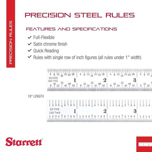 Starrett Full Flexible Steel Rule with Satin Chrome Finish, Quick Reading, and Inch Graduation - 5R Graduation, 18" Length, 1/50" Thickness - C305R-18