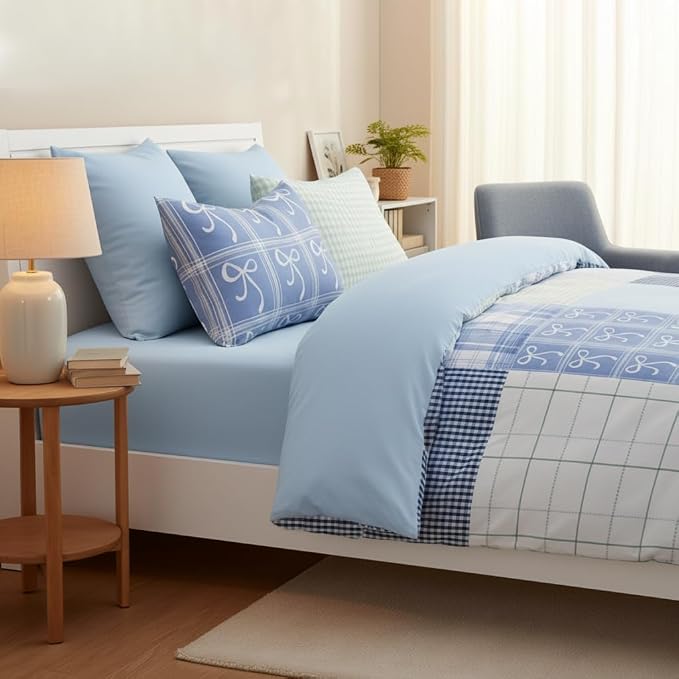Sedefen Blue Plaid Duvet Cover Queen Size Gingham Bedding Set Kids Boys Girls Checked Bowknot Floral Spring Aesthetic Chic Soft Breathable Bedding Set 3 Pcs with 2 Pillowcases