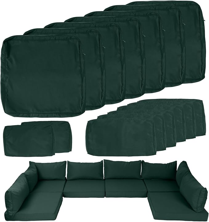 14 Piece Outdoor Patio Cushion Covers Replacement, Waterproof Outdoor Furniture Cushion Covers, Fit 7 Pcs 6 Seater Wicker Rattan Patio Conversation Sofa Set,Dark Green,25.6x25.6
