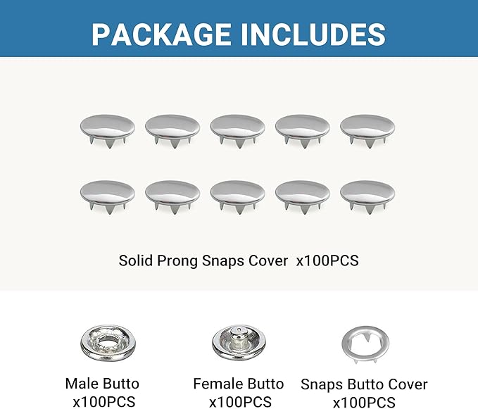 100 Sets Metal Snap Buttons, Sterling Silver Solid Sewing Snaps for Fabric, Prong Snap Button Kits for DIY Crafting Clothing Sewing (9.5mm / 400 PCS)