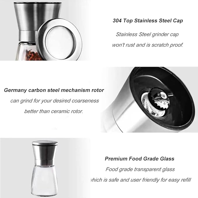 Ebaco Professional Pepper Grinder - with Germany Hardened Carbon Steel Mechanism Rotor, Refillable Pepper Mill 6OZ Glass Adjust Coarseness (1PCS-Sliver-304）