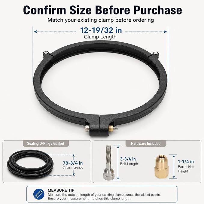 12-19/32" Pool Filter Tension Control Clamp Assembly, Heavy-Duty Spring Clamp Kit, Stainless Steel, Leak-Proof Seal, Quick Install for DE Pool Filters