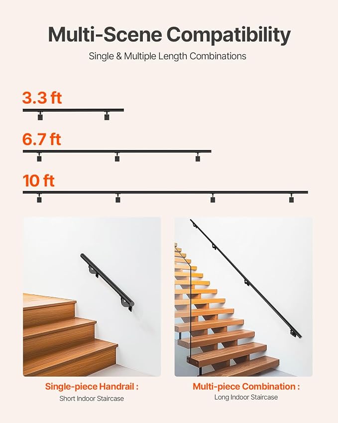 VEVOR Wall Mounted Stair Handrail, 10ft Pipe Staircase Handrail, Black Galvanized Aluminum, 1.26 inch Pipe Diameter, Indoor&Outdoor Staircase Railing,Industrial Hand Rail for Steps,Security Baluster
