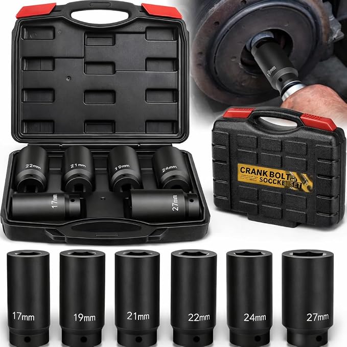 1/2’’ Drive Weighted Crank Bolt Socket Set, 17MM, 19MM, 21MM, 22MM, 24MM, 27MM, Harmonic Balancer Socket Set, Weighted Metric Deep Impack Socket Kit, 3 Times Momentum Power of Standard Impact Socket