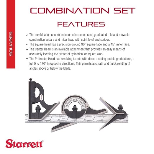 Starrett Combination Set with Square, Center and Reversible Protractor Head and Blade - 11-3/4" Blade Length, Reversible Lock Bolts, Scriber, 36 Graduation Type - C434ME-300