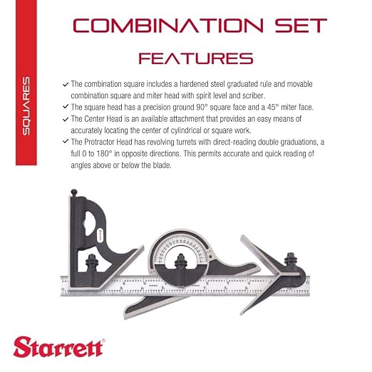 Starrett Combination Set with Square, Center and Reversible Protractor Head and Blade - 11-3/4" Blade Length, Reversible Lock Bolts, Scriber, 36 Graduation Type - C434ME-300