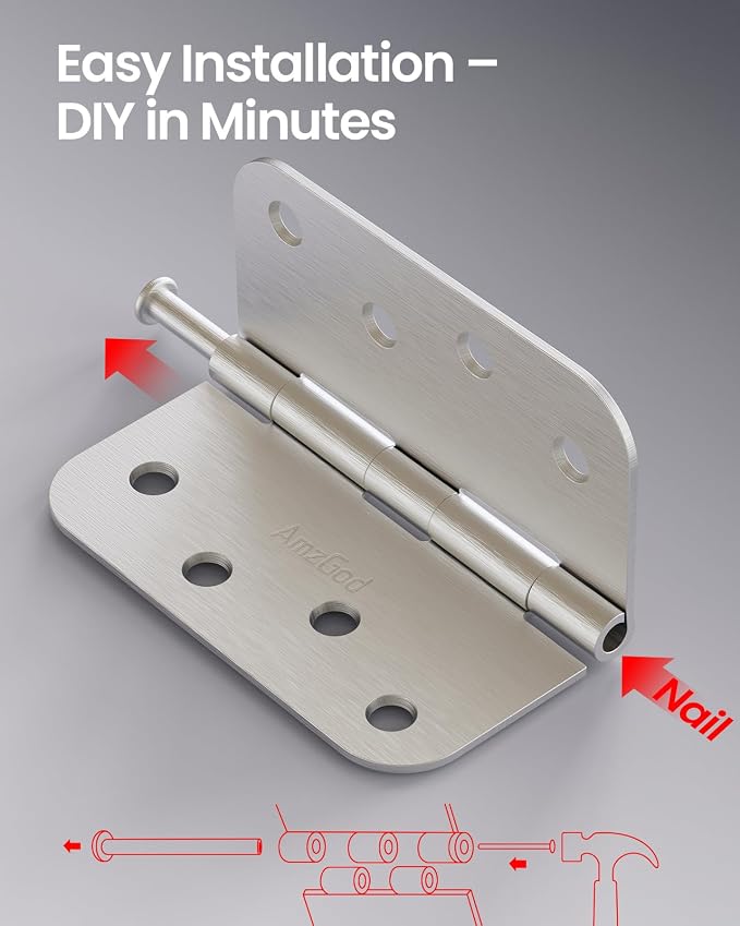 4" X 4" Nickel Door Hinges – 12 Pack Brushed Nickel Door Hinges with 5/8" Radius, Rounded Interior Heavy Duty 4 Inch Exterior & Front Door Hinge for Residential Use