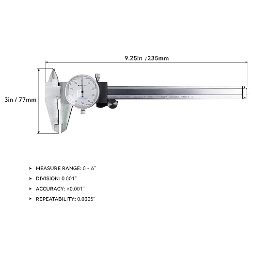 HFS(R) 0-6" Stainless Steel 4 Way Imperial Dial Caliper .001" Shock Proof