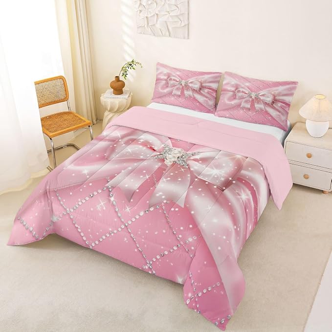 Feelyou Pink Bowknot Comforter Set Queen Size Glitter Bow Bedding Set for Kids Boys Girls Dreamy Princess Duvet Quilt Bedroom Decor Microfiber 3 Pcs with 2 Pillow Cases