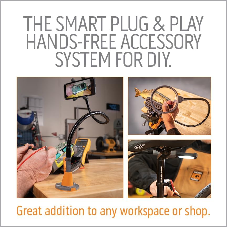 Work IQ Tools IQ Vise & IQ Connect | 360° Articulating Bench Vise & Hands-Free Accessory System with 3 Bench Mounts | Includes Vise Jaws, Magnifying Glass, Rechargeable Work Light & Cell Phone Holder
