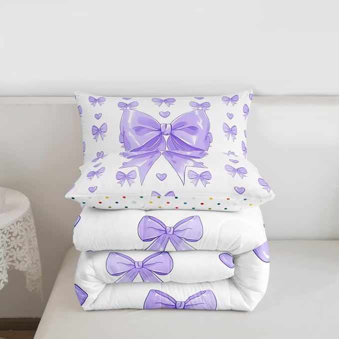 Feelyou Cute Purple Bow Comforter Set All Season Love Hearts Bowknot Bedding Set with 2 Pillow Cases Princess Bow Microfiber Kids Queen Bedclothes Bedroom Decor Duvet Quilt Breathable Soft Lightweight