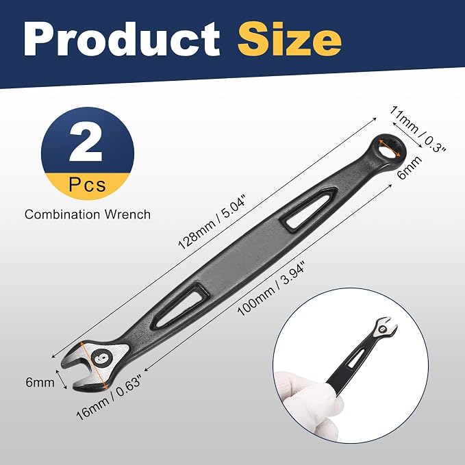 HARFINGTON 2pcs Combination Wrench 6mm Metric Extra Long 12-Point Box and Open End Carbon Steel Double Ended Industrial Grade Spanner for Automotive Furniture Machinery DIY Repair, Black
