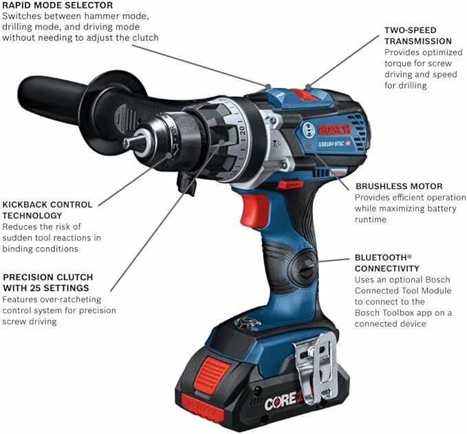 Bosch GSB18V-975CB25-RT 18V Brushless Lithium-Ion 1/2 in. Cordless Connected-Ready Hammer Drill Driver Kit with 2 Batteries (4 Ah) (Renewed)