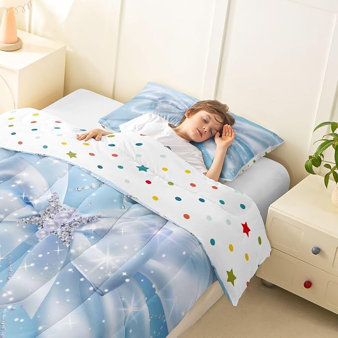 Feelyou Blue Bow Bedding Set Soft for Boys Girls, Glitter Bowknot Comforter Set Toddler Size Princess Duvet Quilt Microfiber Bedroom Decor 2 Pcs with 1 Pillow Cases