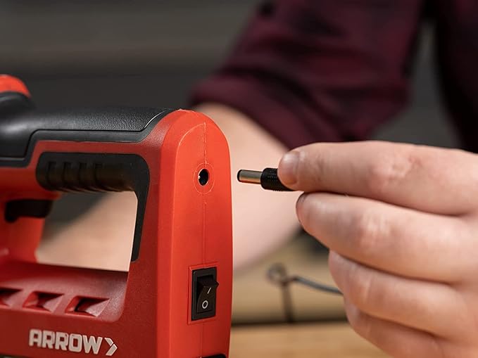 Arrow ET501C Cordless 5-In-1 Professional Staple and Nail Gun, Battery Powered Wire Stapler and Brad Nailer for Upholstery, Framing, Roofing, Crafts, Fencing, Cable, Black/Red