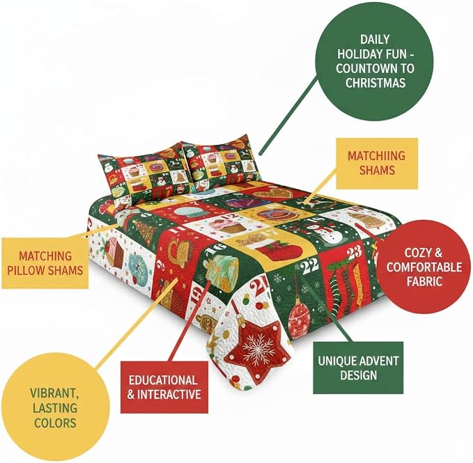 Merry Christmas Patchwork Quilt Set King - Santa Claus Snowman Socks Calendar Checkered Holiday Bedding Set - Soft Microfiber Lightweight Comforter Coverlet Bedspread(Calendar, King(90"x104"))