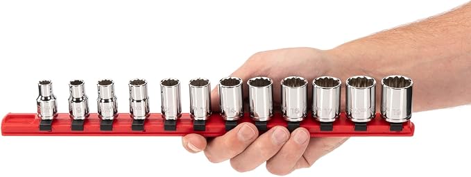 TEKTON 3/8 Inch Drive 12-Point Socket Set, 12-Piece | SHD91104 | (8 - 19 mm), Shallow, Socket Rail