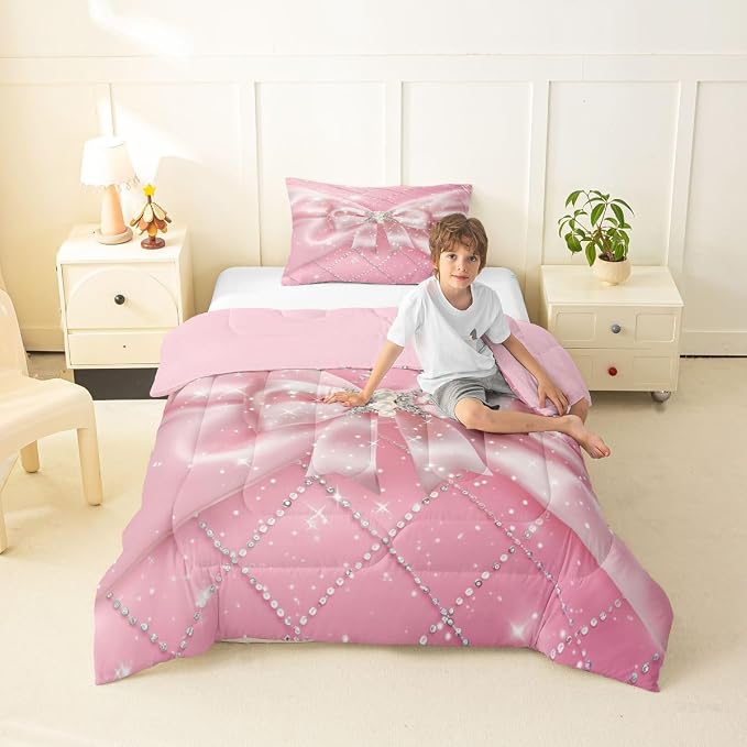 Feelyou Pink Bowknot Comforter Set Toddler Size Glitter Bow Bedding Set for Kids Boys Girls Dreamy Princess Duvet Quilt Bedroom Decor Microfiber 2 Pcs with 1 Pillow Cases