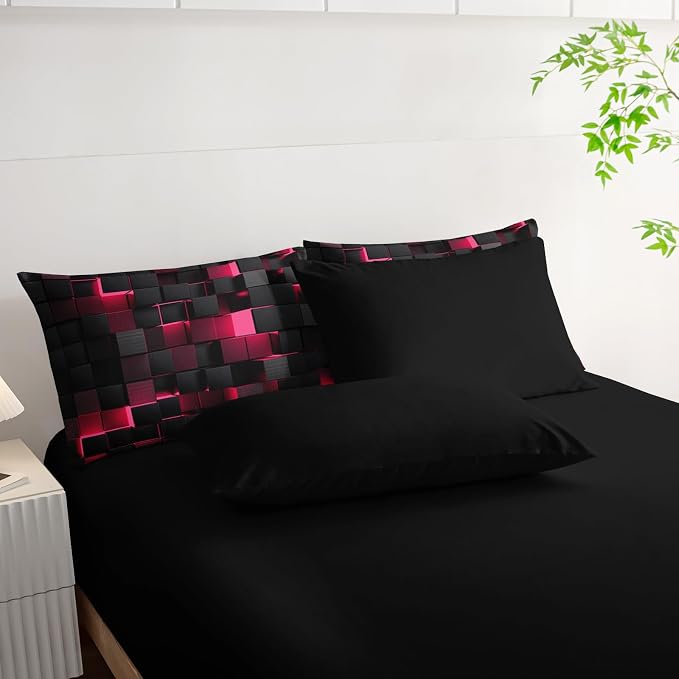 Nttopship Geometric Pink Black Full Comforter Set,Light Honeycomb Bedding Set 7 Piece in A Bag,Bed Sheet Set Geometry Decor,Microfiber Lightweight All Season