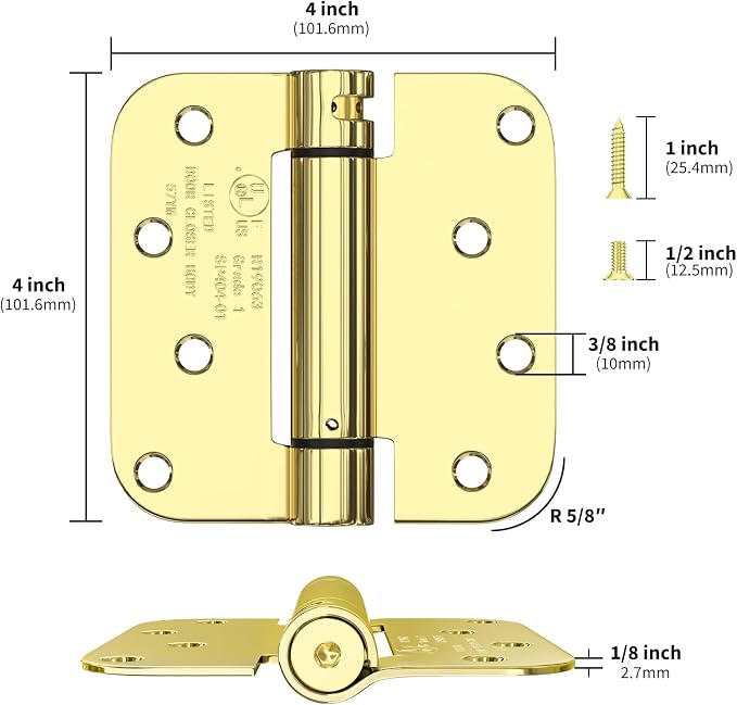 goldenwarm 2pack Polished Brass Door Hinges 4 Inch Self Closing Spring Door Hinge with 5/8" Radius Corners - Adjustable Door Closing, Residential & Heavy-Duty Hardware
