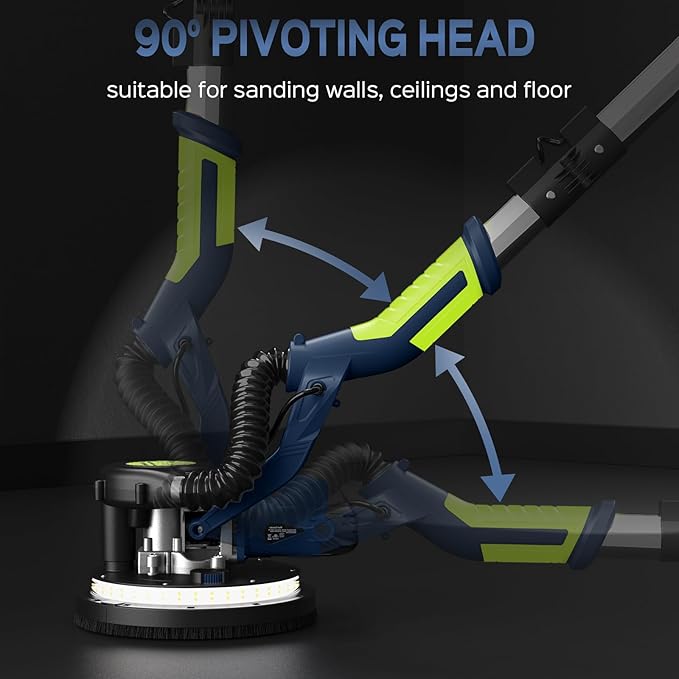 Drywall Sander, 2026 Upgraded 8-Amp Popcorn Ceiling Removal Tool with 7 Variable Speed 800-1800RPM, Drywall Sander with Vacuum Dust Collector with LED Light, Extendable Handle,12pcs Sanding Discs,Blue