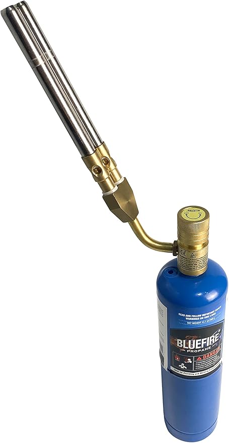 BLUEFIRE Double Flame Jet Turbo Torch Head with Porpane Kit High Output 17060 BTU Full Metal Heavy Duty Manual Ignition Gas Welding Dual Tubes Nozzle Fuel by MAP Propane Brazing Soldering Flamethrower