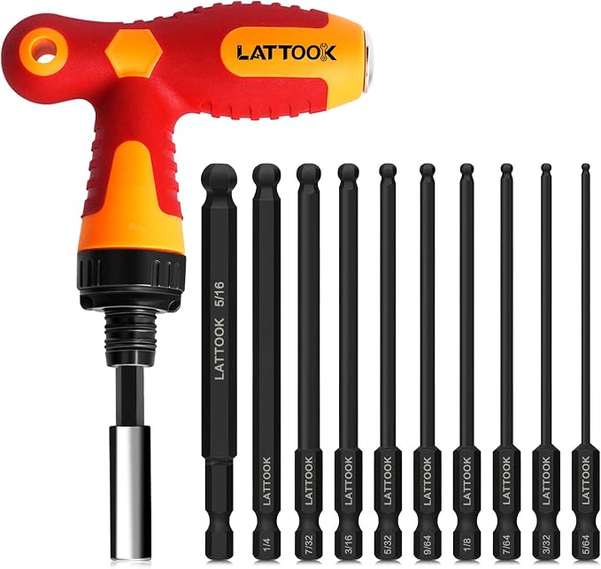 SAE Ball End Hex Bit Set with T Handle Ratchet Driver | LATTOOK 10PCS Ball End Hex Head Allen Wrench Drill Bit Set, Allen Key Drill Bit Set, Magnetic S2 Steel, 4'' Long