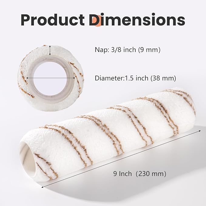 Mister Rui 9 Inch Paint Roller Covers, 6 Pack Most Popular for Home Renovation, 3/8 Inch High-Density Microfiber, Washable