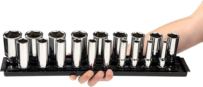 TEKTON 1/2 Inch Drive 6-Point Socket Set, 19-Piece | SHD92123 | (3/8 - 1-1/2 in.), Deep, Socket Rail