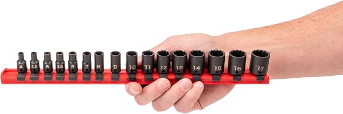 TEKTON 1/4 Inch Drive Impact Socket Set, 16-Piece | SID90106 | (4 - 17 mm), Shallow, 12-Point, Socket Rail