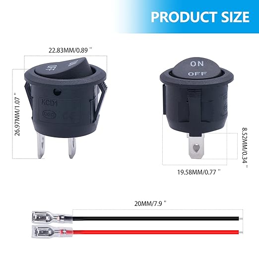 Twidec/10Pcs 12V Round Rocker Switch ON Off AC 6A/250V 10A/125V SPST 2 Pin 2 Position 12 Volt DC Circle Toggle Switch for Car Boat Automotive RV Black with Wires KCD1-5-101-ON-OFF
