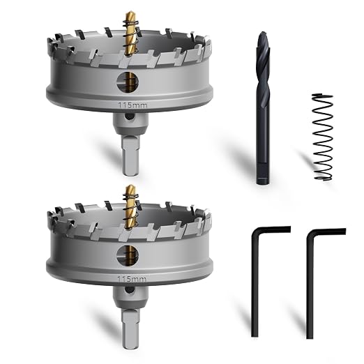 Metal Hole Saw 4-1/2''(115mm) 2Pcs Set Heavy Duty Tungsten Carbide Tipped Hole Cutters Set with a nitrided Step Drill and L-flench, for Steel Iron,Aluminum,Stainless stell