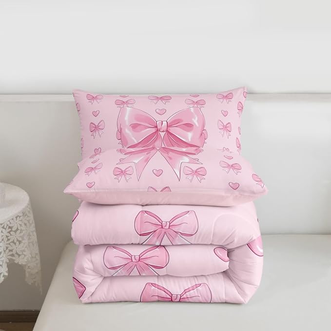 Feelyou Cute Pink Bowknot Comforter Set Full Size Love Hearts Bow Bedding Set for Kids Boys Girls Princess Bow Duvet Quilt Bedroom Decor Microfiber 3 Pcs with 2 Pillow Cases