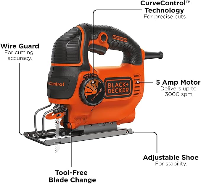 BLACK+DECKER Jig Saw, 5-Amp, 3,000 Blade Speed, 45 Degree Beveled Cuts, ¾-Inch Orbital Blade, 4 Curve Settings, Corded (BDEJS600C) (Pack of 2)
