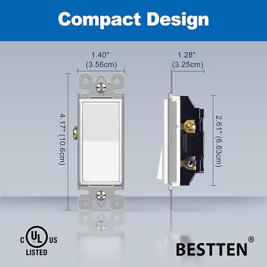 BESTTEN 60 Pack 3-Way Decorator Paddle Rocker Wall Light Switch, Single Pole or Three Way, 15A 120V/277V, On/Off Interrupter, UL Listed, White