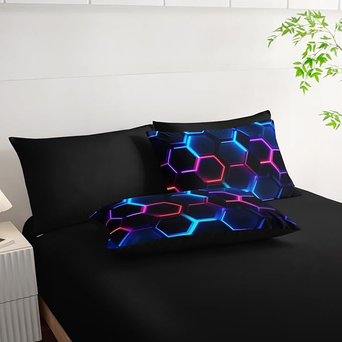 Geometric King Comforter Set,Colorful Neon Lights Honeycomb Bedding Set 7 Piece with Comforter Fitted Sheet Flat Sheet Pillowcases,Bed Sets Geometry Decor,Microfiber Lightweight All Season.
