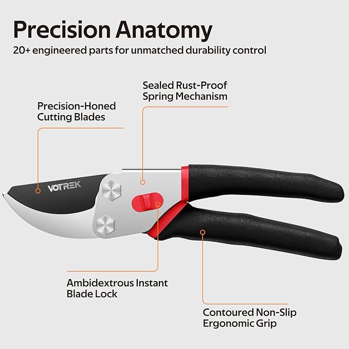 VOTREK® 8.5” Pruning Shears, Professional Garden Pruner with Jam-Proof Spring & Ever-Sharp SK5 Blade, Ergonomic Bypass Clippers for Rose, Tree Trimming, Heavy Duty Bonsai Scissor for Weak Hand