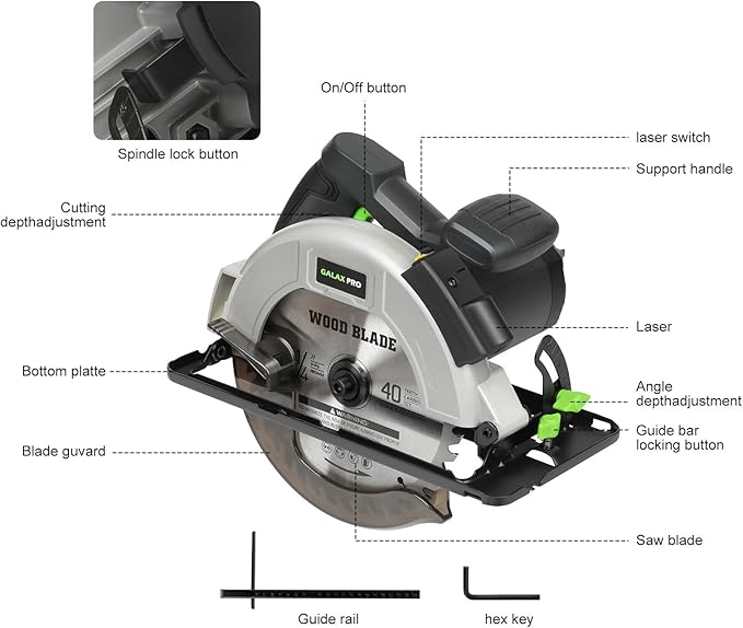 GALAX PRO 11Amp Corded Circular Saw with Laser, 6000RPM, 0-45° Adjustable Bevel, Max Cutting Depth 2-1/2''(90°) to 1-7/8''(45°), 7-1/4 Inch Carpentry Blade for Wood Plastic Cuts