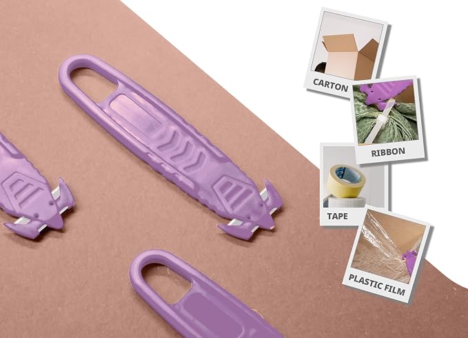 T TOVIA Safety Box Cutter Knife of Recessed Concealed Stainless Steel Blade, Package Opener Plastic Cutter for Box, Carton, Shrink Wrap, Plastic Straps, 10pcs purple