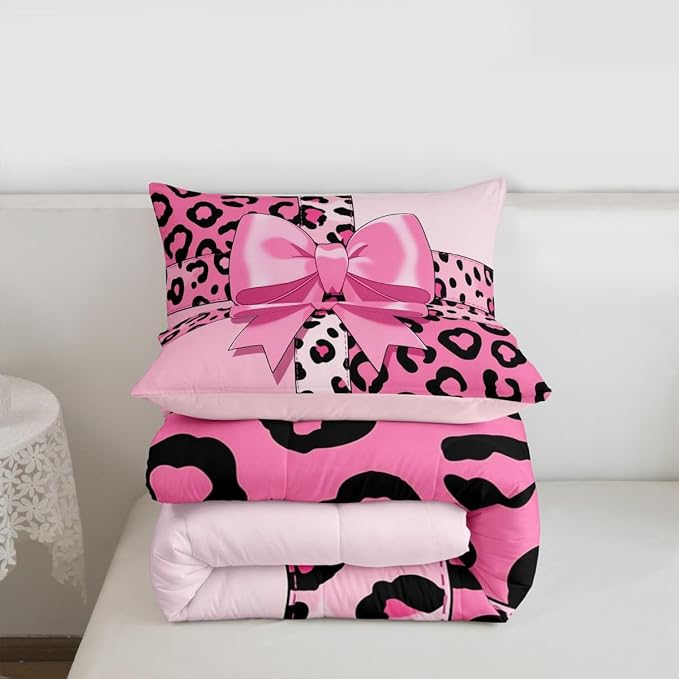 Feelyou Pink Leopard Print Comforter Set All Season Cheetah Bow Bedding Set with 2 Pillow Cases Animal Fur Microfiber Kids King Bedclothes Bedroom Decor Duvet Quilt Breathable Soft Lightweight