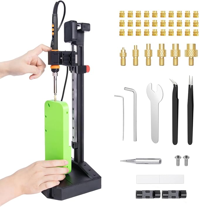 Vertical Heat Set Insert Press Tool | 90W Soldering Iron, 30 Brass Threaded Inserts (M3/M4/M5/M6/M8) & Heat-Set Tip | Compatible with PLA, ABS, PETG | for 3D Printed Components DIY Plastic Parts