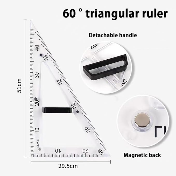 Magnetic Geometry Tool Set Clear Drafting Tools Mathematics Protractor, Triangular Scale Ruler Math Classroom Teaching Measurement Set Oversized Ruler (Transparent 4-piece Set)
