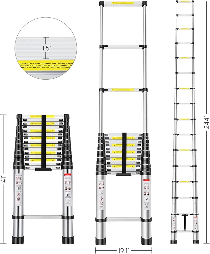 Telescoping Ladder, 20.3FT Aluminum Extension Ladder with 2 Replacement of Non-Slip Rubber Cover, Telescopic Ladder Portable Collapsible RV Ladder for Indoor Outdoor Work, 330 lb. Weight Capacity