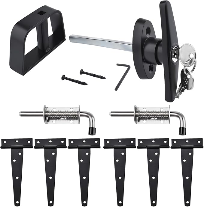 Shed Door Hardware Kit- Includes Hinges, Latches, and T-Handle Lock, Door and Window Hinge Set for Shed, Gate, Barn, Playhouse, Chicken Coop and More