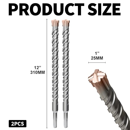2PCS SDS Plus Rotary Hammer Drill Bits,1"×12"（25mm×310mm）-4 Carbide Cutting Edges & Coated Head, Ideal for Masonry| Heavy-Duty Masonry |Hammer Drill Bits for Precision Drilling