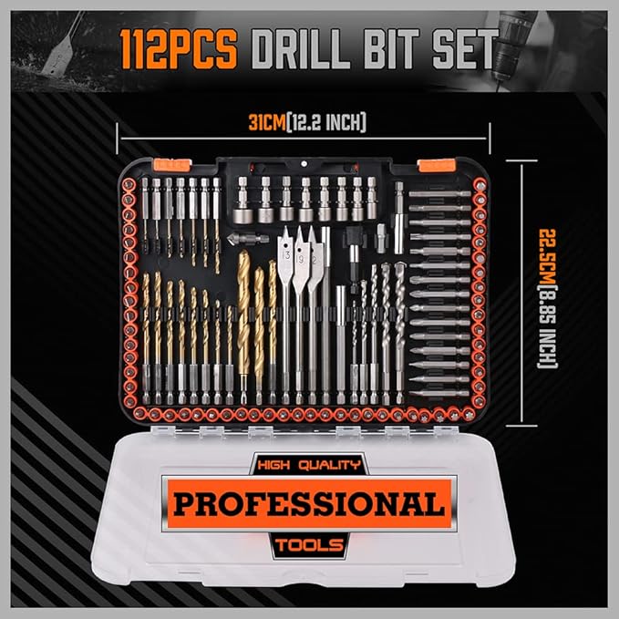 HORUSDY Impact Drill Bit Set, 112-Pieces 1/4" Hex Shank Impact Driver Bits and Screwdriver Bits Set for Screw Driving and Wood Metal Cement Drilling Screwdriver Bits Set with Storage Case